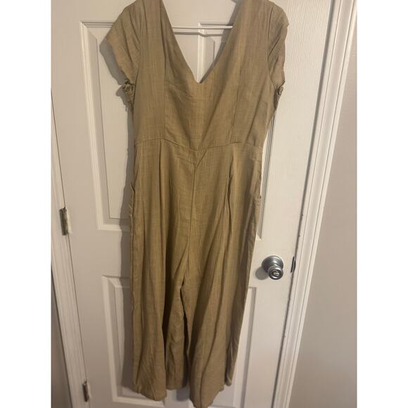 Polly Linen Tan Boho Minimalist Jumpsuit Button Front Wide Leg Sz: 14 - Picture 2 of 5